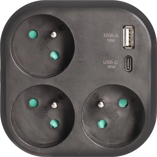 Solight rozbočka se 3 zásuvkami a rychlonabíječkou USB-A/USB-C 20 W PD, černá