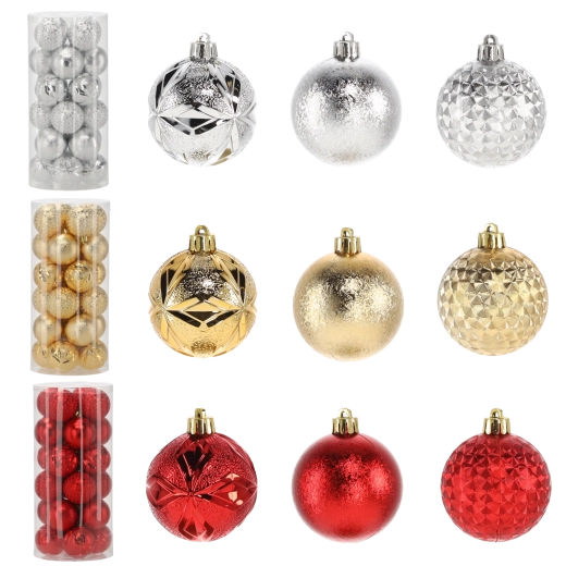Sada 24 vánočních koulí 6 cm – červené, zlaté a stříbrné, nerozbitné