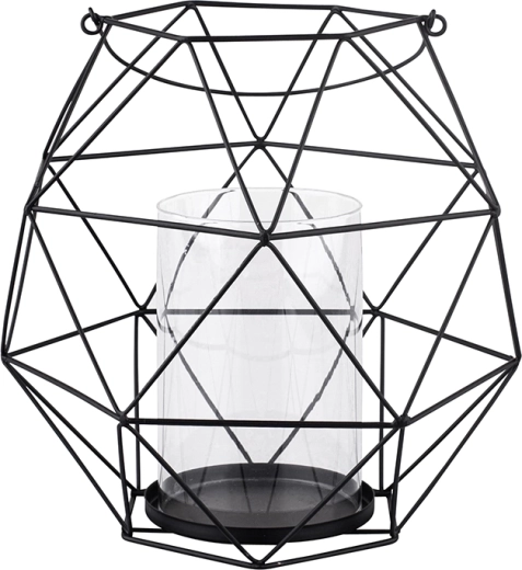 Kovový geometrický svícen s uchem a skleněnou vložkou 22 × 22 × 22 cm, černý