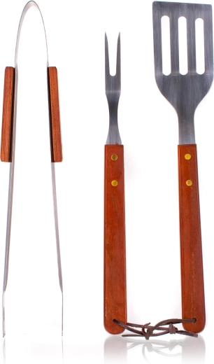 Sada grilovacího nářadí z nerezové oceli s dřevěnými rukojeťmi, 3dílná