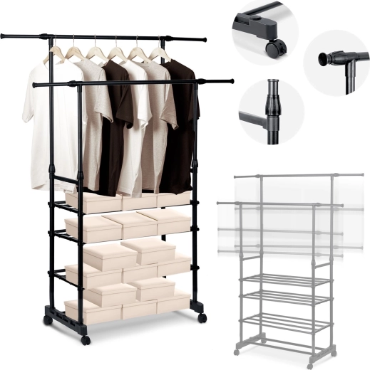 Stojanový věšák na oblečení Massido, černý, XXL s nastavitelnou výškou a policemi