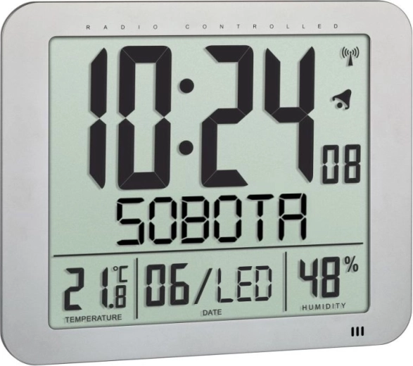 TFA rádiově řízené digitální hodiny na postavení nebo zavěšení, stříbrné