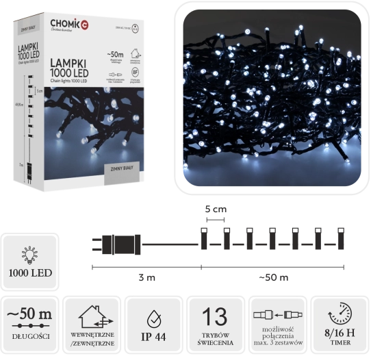 Led vánoční světelný řetěz 1000 led, studená bílá, 53 m (50 m + 3 m)