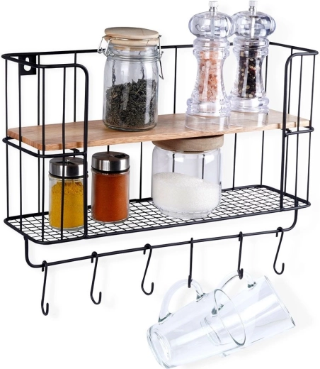 Kuchyňská nástěnná police s háčky 41 × 12 × 25,5 cm, kov a dřevo