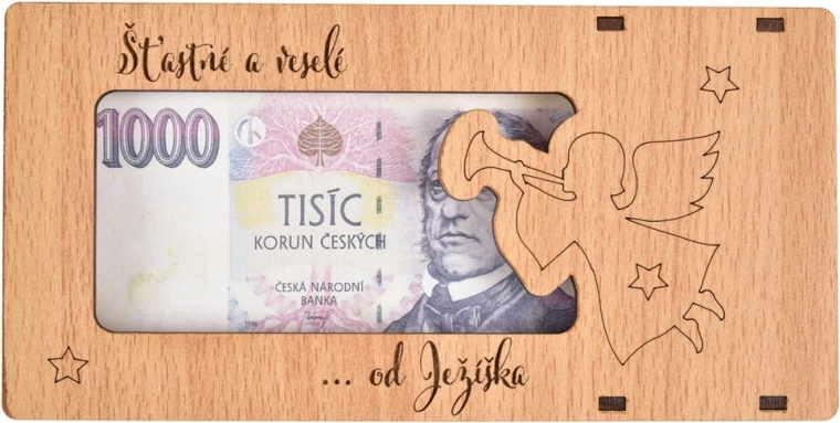 Dřevěná dárková krabička na peníze šťastné a veselé