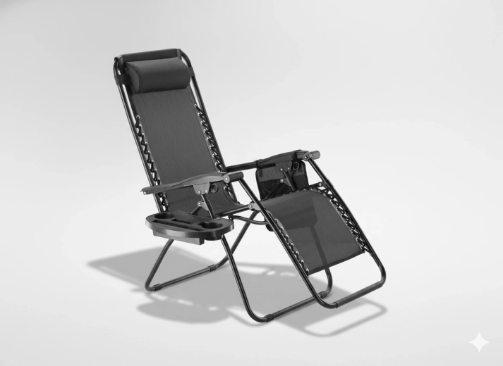 Skládací zahradní lehátko s podnosem, kapsou a polštářkem – černé