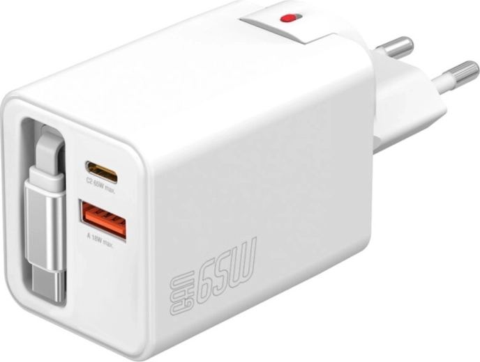 Síťová nabíječka GaN 65 W s výsuvným kabelem, 2× USB‑C + USB‑A, bílá