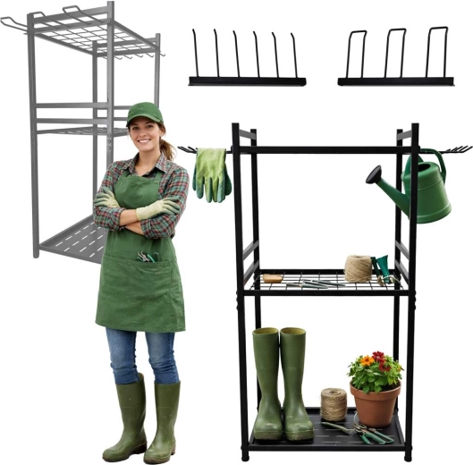 Kovový stojan na zahradní nářadí s háčky a policemi LUARO