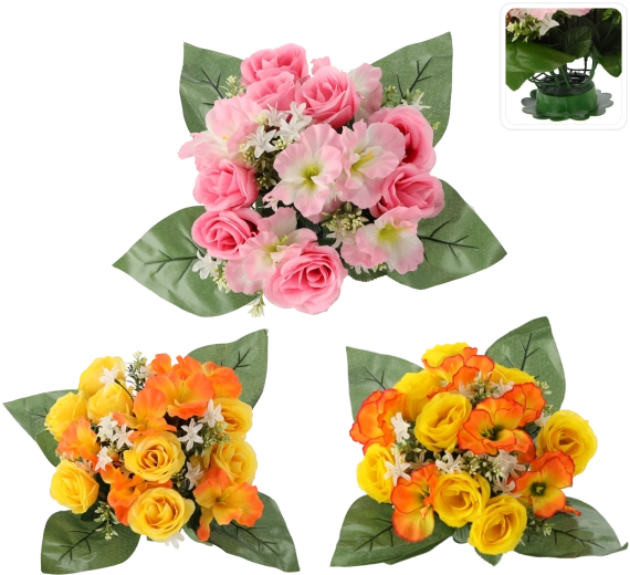 Umělá kytice růže a ibišek, mix barev, 25 × 28 × 28 cm