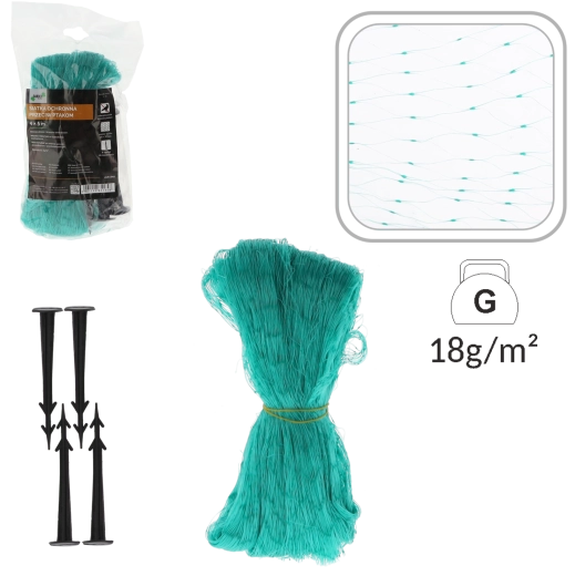 Ochranná síť proti ptákům 4 × 5 m, zelená, 5 g/m² + 6 kotevních kolíků
