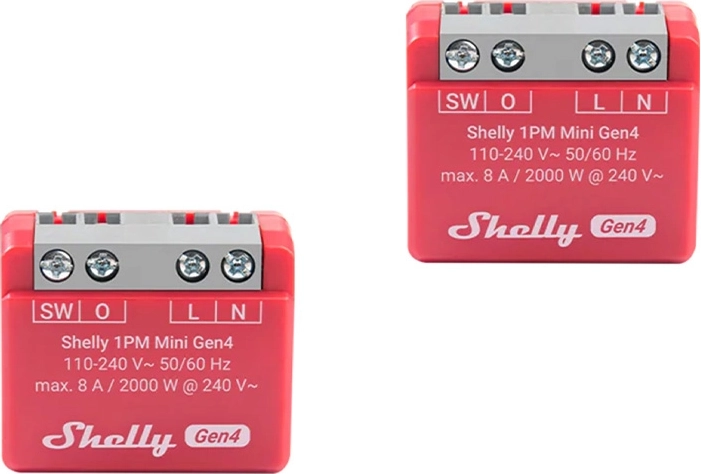 Shelly 1PM Mini Gen4 – sada 2 ks chytrých relé s měřením spotřeby (Wi‑Fi/Zigbee/Bluetooth, Matter)