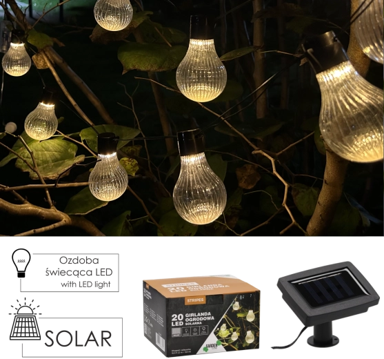 Solární zahradní girlanda Stripes 20 LED, teplá bílá, 5,8 m