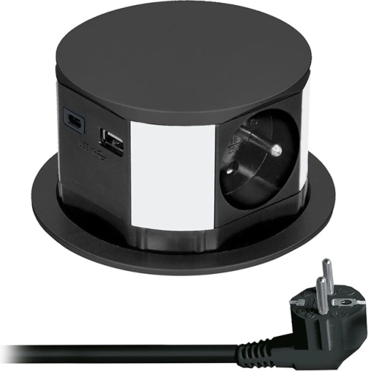 Solight výsuvný blok zásuvek se 3 zásuvkami a USB nabíjením, černý