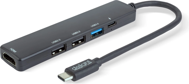 Multifunkční USB-C hub s HDMI, 3× USB-A a USB-C, 100 W, černý