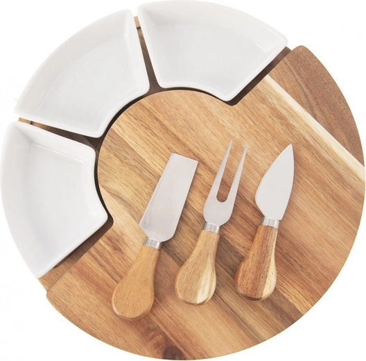 Otočná akátová servírovací deska na sýry se 3 miskami a 3 noži, 7dílná sada