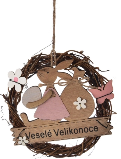 Dekorační velikonoční věnec z proutí a dřeva Veselé Velikonoce 15 cm