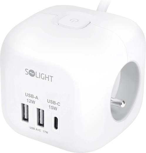 Prodlužovací přívod Solight ve tvaru kostky 3 zásuvky + USB-A a USB-C, kabel 2 m, bílý
