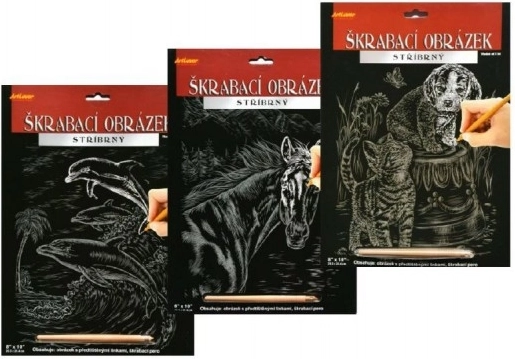 Škrabací obrázek s motivem Koně - Stříbrný 20x25 cm