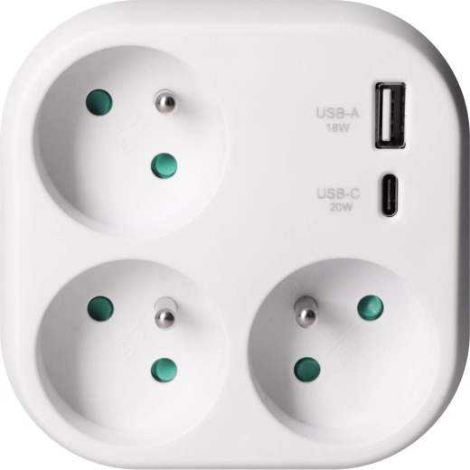 Solight rozbočovací adaptér se 3 zásuvkami a USB rychlonabíjením 20 W PD, bílý