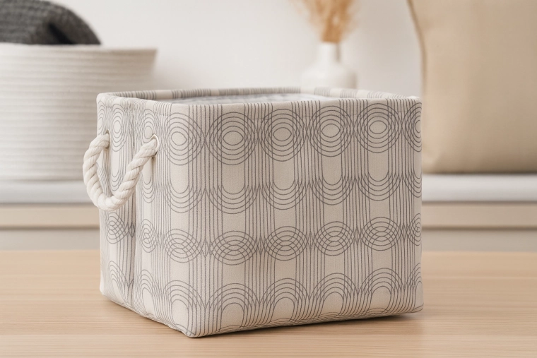 Textilní úložný box 30 × 30 × 24 cm s geometrickým vzorem a provazovými uchy
