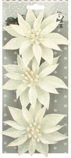 Vánoční glitrové růže bílé, sada 3 ks