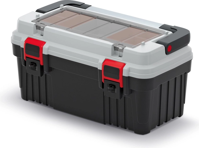 Plastový kufr na nářadí s kovovým držadlem a organizéry OPTIMA 470 × 256 × 238 mm, šedý