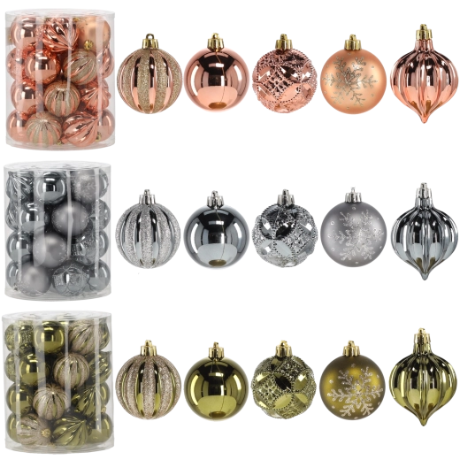 Sada vánočních ozdob 6 cm – olivová, měděná a grafitová, 26 ks