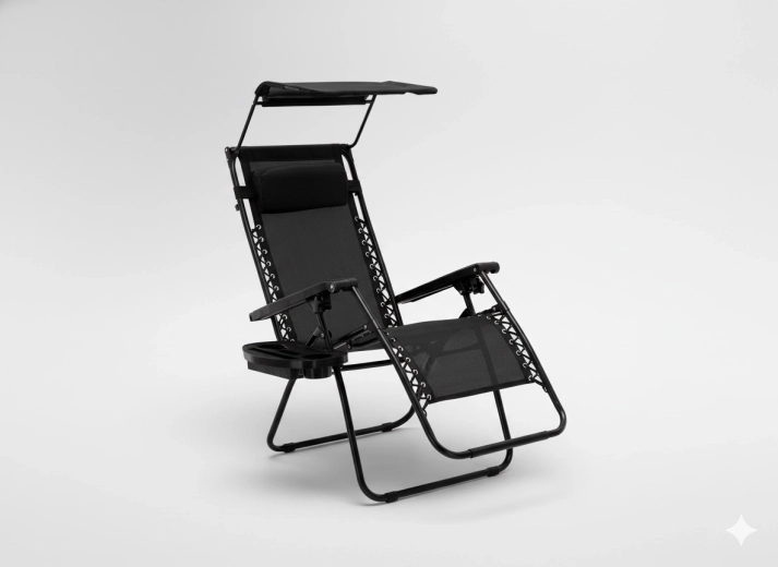 Skládací zahradní lehátko s baldachýnem, stolkem, kapsou a polštářkem – černé