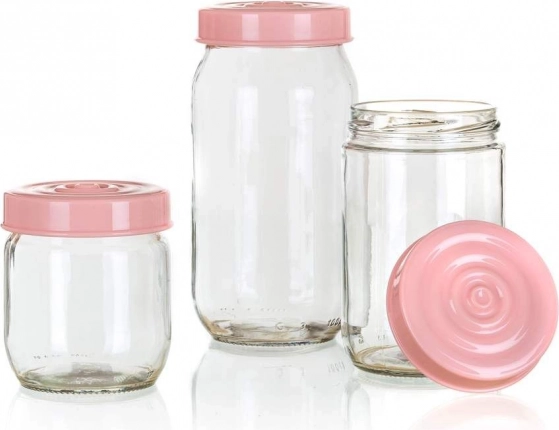 Sada skleněných dóz LINZI 3 ks, růžové víčko