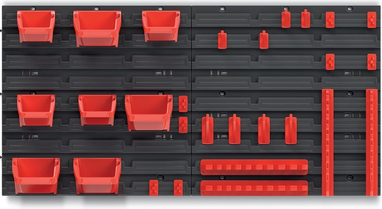 Závěsný panel na nářadí s 8 boxy a sadou háčků