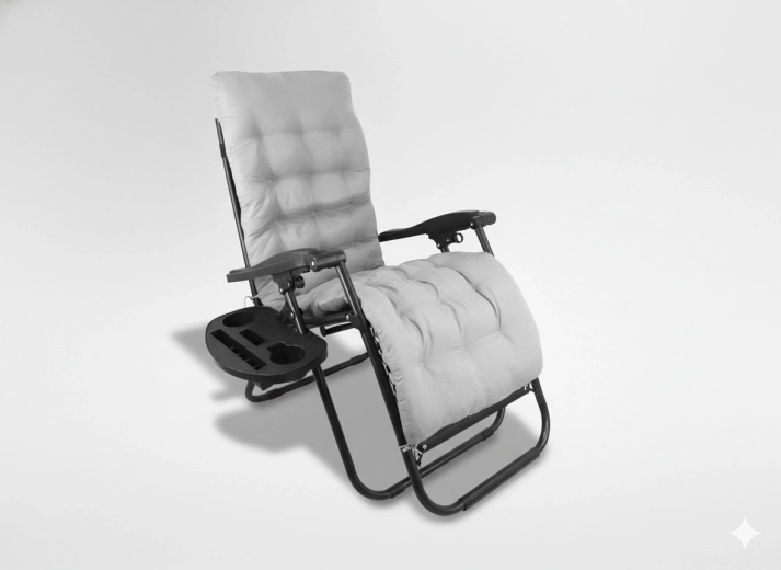 Skládací zahradní lehátko s podložkou a stolkem, černé se šedým polštářem