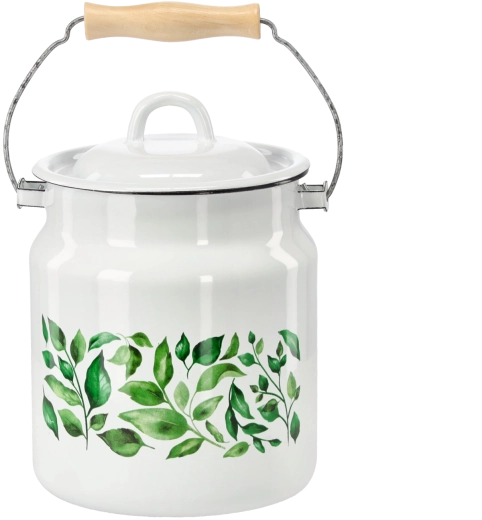 Emaliovaná konvice na mléko 3,3 l s dřevěnou rukojetí, bílá s motivem fíkusu