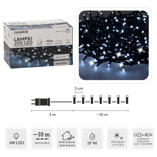 LED řetěz 200 LED studená bílá s blikáním, 10 m, vnitřní i venkovní