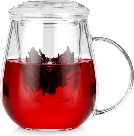 Skleněný hrnek se sítkem a víčkem 530 ml