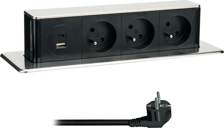 Solight výsuvný blok zásuvek 3× 230 V + USB-A/USB-C 20 W PD, 2 m, nerez