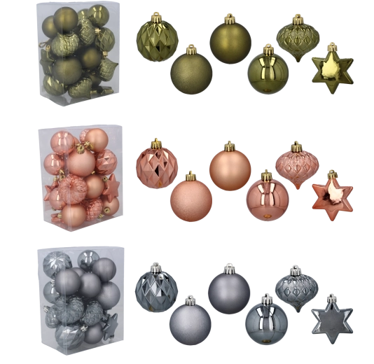 Sada 23 vánočních ozdob v olivové, měděné a grafitové barvě