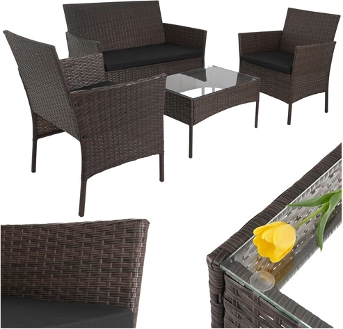 Zahradní set z technoratanu hnědý Gardlov se skleněným stolkem a polštáři