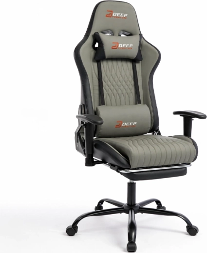 Ergonomické herní křeslo se šedým čalouněním a výsuvnou opěrkou nohou