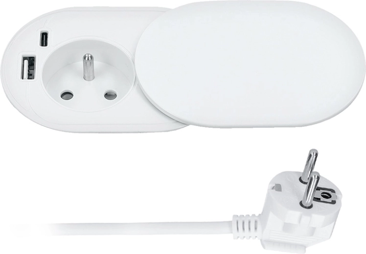 Solight vestavná zásuvka 230 V s USB-A a USB-C (20 W PD), posuvné víčko, 2 m, matná bílá