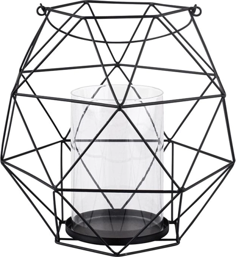 Černý kovový svícen s madlem a skleněnou vložkou v geometrickém designu 22 × 22 × 22 cm