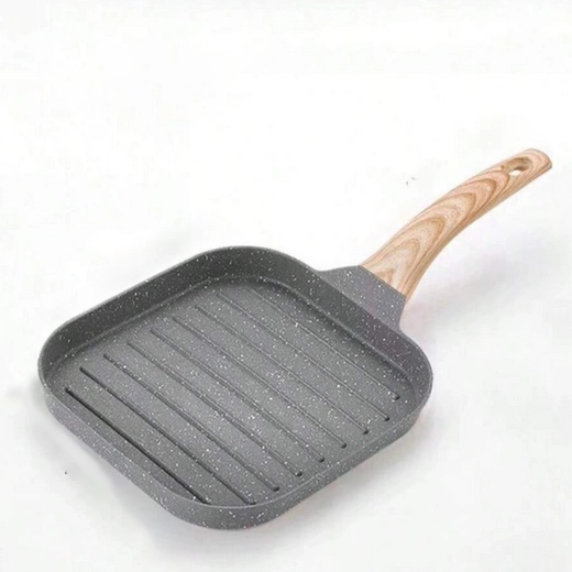 Čtvercová grilovací pánev s nepřilnavým povrchem a dřevěným vzhledem rukojeti