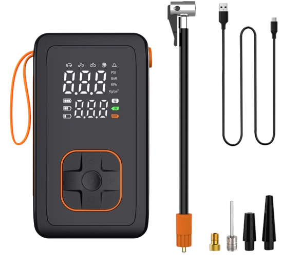 Přenosná akumulátorová vzduchová pumpa a powerbanka 7,4 V pro auto, kolo a míče