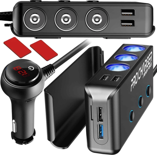 Rozbočovač autozapalovače 200 W s 3 zásuvkami a 4× USB (QC 3.0 + PD) s digitálním voltmetrem - 1 kus