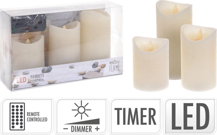 Sada LED svíček s dálkovým ovládáním a časovačem, slonová kost (3 ks)