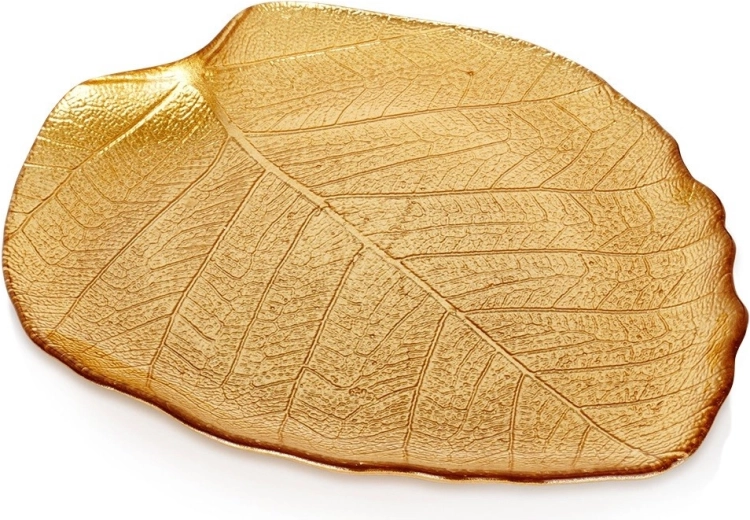 Skleněný zlatý talíř ve tvaru listu 27,5 × 24 cm