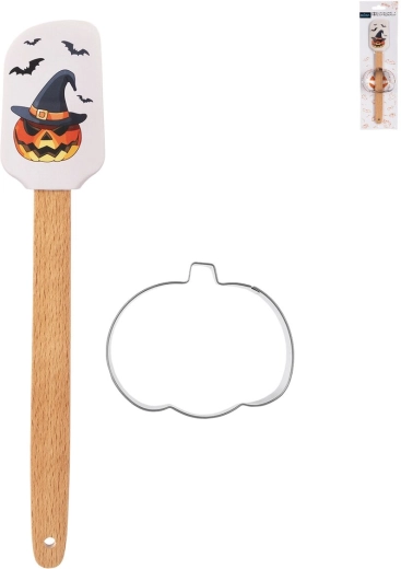 Halloween silikonová kuchyňská stěrka s dřevěnou rukojetí a vykrajovátkem dýně