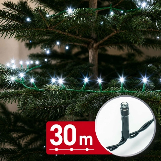 LED světelný řetěz 30 m 600 LED studená bílá se zeleným kabelem