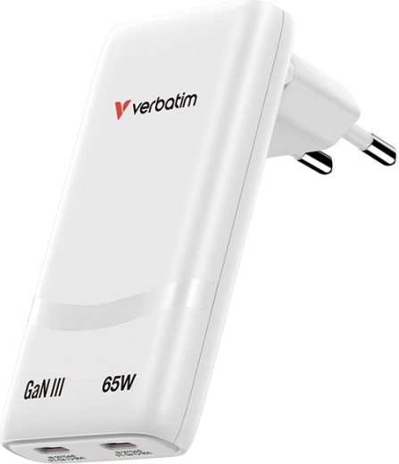 Verbatim Fold n Go GaN nabíječka 65 W, 2× USB‑C (PD 3.0, PPS), bílá