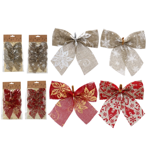 Vánoční kokardy 12 cm, červená a přírodní, sada 3 ks