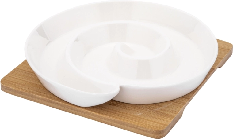 Porcelánová dělená servírovací miska s bambusovou podstavou krémová